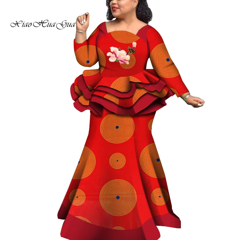 Африканский стиль, Базен Riche, платья для женщин, комплект из двух частей, женские топы с длинным рукавом и юбка-Русалка с принтом размера плюс, WY5992 - Цвет: 1