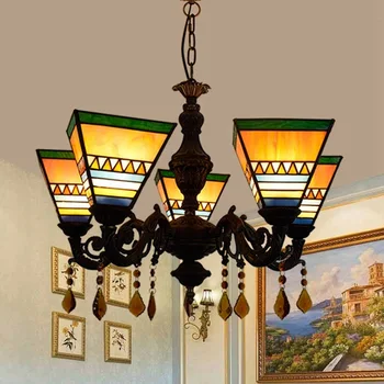

European style Tiffany's stained glass restaurant bedroom bar club Internet bar warm square crystal 5 head hanging lamp