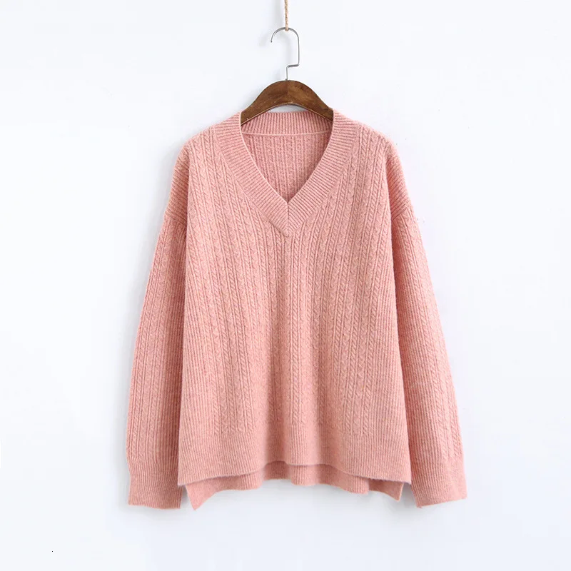 MEVGOHOT Autumn V-neck Pink Long Sleeve Basic Sweater Casual Loose All-match Knitted Tops Femme Pullover Sweaters HD2620 |