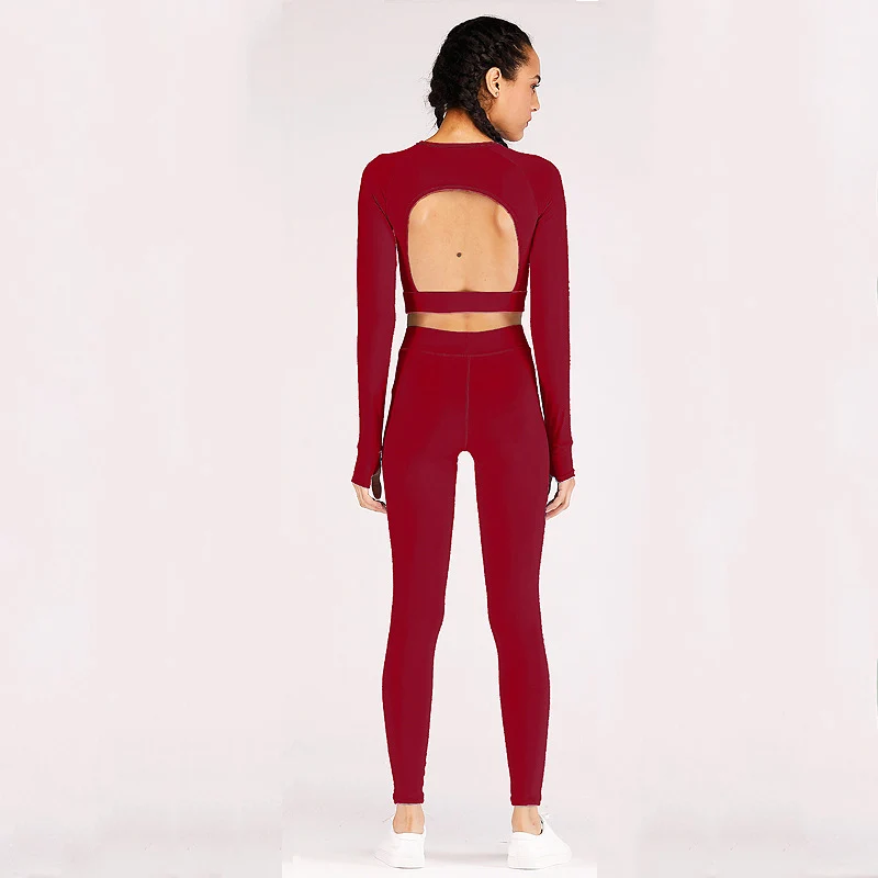 Wine red Бесшовный комплект из 2 предметов для йоги, женская одежда для спортзала, мягкие леггинсы для фитнеса и рубашка, спортивный костюм с длинным рукавом и открытой спиной, спортивный костюм, одежда для активного отдыха - Цвет: Wine red