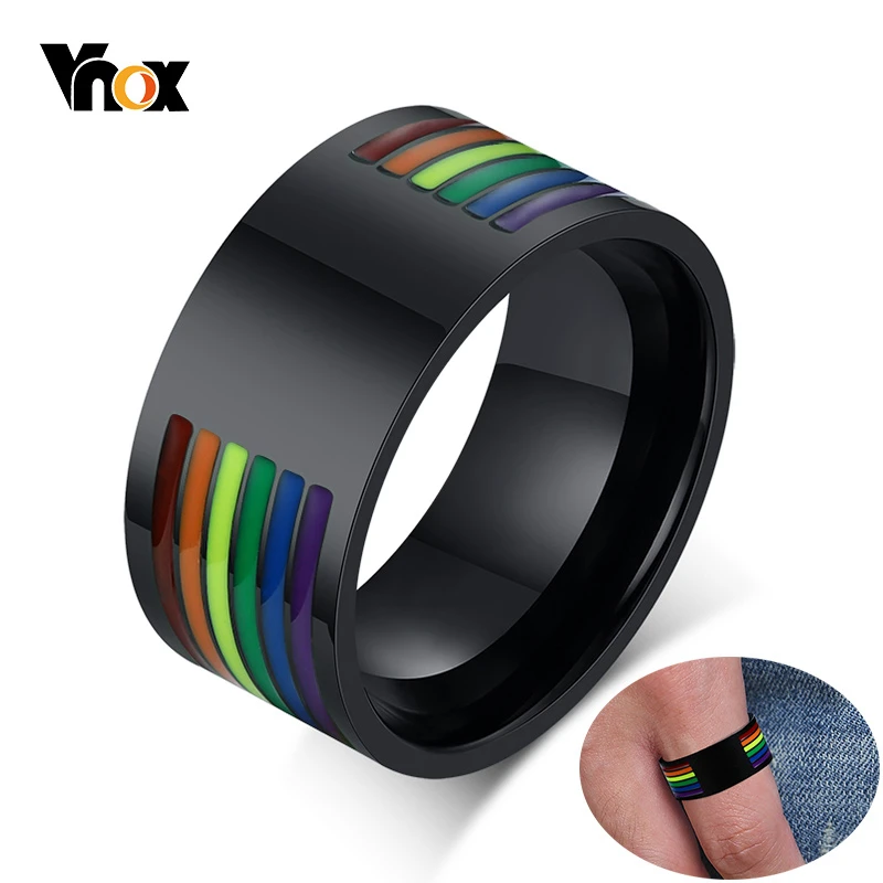 

Vnox Mens 10mm Stainless Steel Enamel Rainbow Lines LGBT Pride Rings for Lesbian & Gay Wedding Bands Jewelry