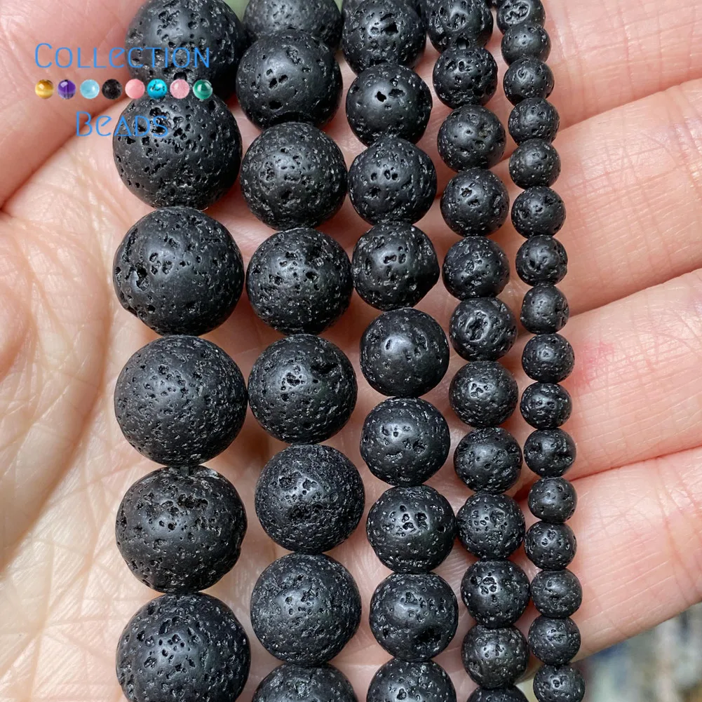 Natural Lava Beads, Full Strand, Round Black Volcanic Rock, Gemstones