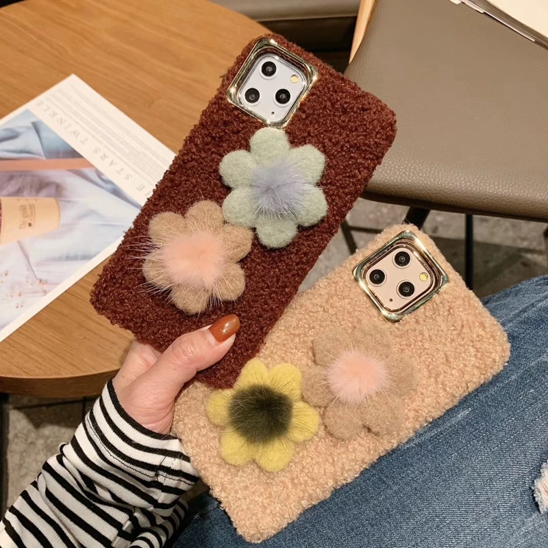 

Fashion INS 3D Sunflowers Winter Warm Furry Plush Phone Case For iPhone 11 Pro X XR XS Max 7 8 Plus Soft Silicone Cover Coque