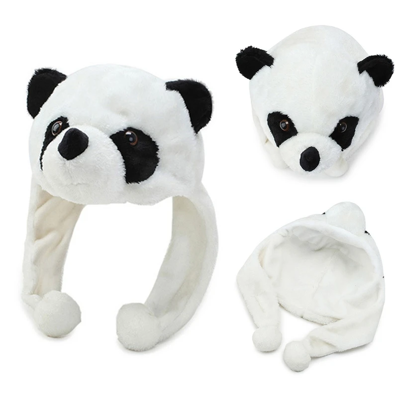 

Adult Kids Cartoon Plush Panda Animal Beanie Hat with Pom Pom Ends Long Straps Thermal Warm Funny Stuffed Toy Earflap Cap Cospl