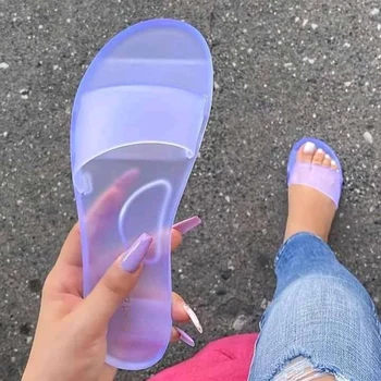 

Aqua blue Crystal Slippers women Sandals Flat Open Toe PVC slides Woman Flip-flops Female Candy Color sandalias new