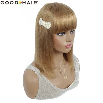 

Short Bob Wigs Human Hair With Bangs Full Machine Made Wigs Brazilian Straight 27# Blonde Bob Wig With Bang For Women GOOD HAIR