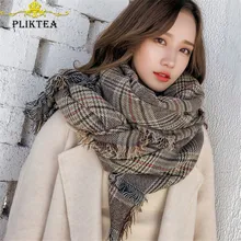 PLIKTEA 85*200 см, большой размер, женский шарф в клетку, зимнее теплое пончо из мериносовой шерсти, Женский палантин, плед из пашмины, искусственный кашемир, женский шарф