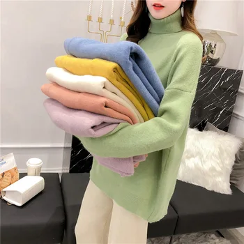 

Autumn Winter 2020 Women Turtleneck Pullover Sweater Femle Lazy Loose Thicken Long Sleeve Sweaters Pull