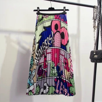 

Spring Autumn New Cartoon Print Pleated Long Skirts High Street Europen Style Women Skirts High Elastic Quality Skirts Female