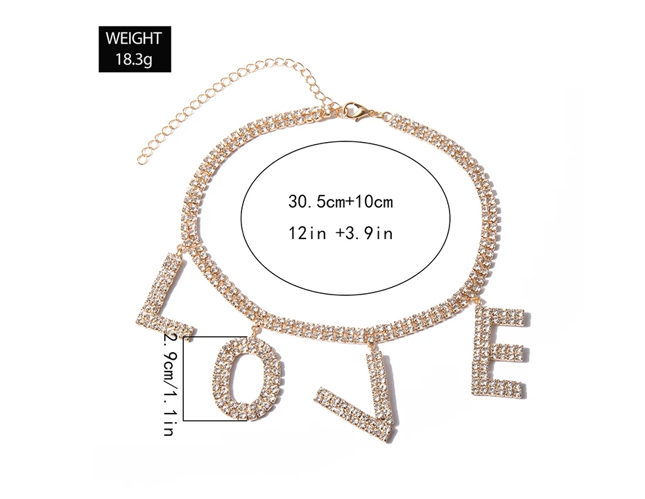 PuRui Luxury Rhinestone Chain Collar Necklace Love Letter Choker Necklace Statement Big Pendant Necklace for Women Punk Jewelry