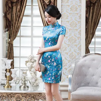 

Mandarin Collar Women Rayon Qipao Traditional Chinese Evening Dress Vintage Button Sexy Elegant Cheongsam Print Floral Vestidos