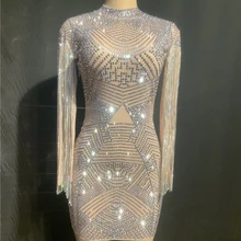 Блестящие Серебряные стразы, металлические кисточки, Прозрачное платье, вечерние платья для выпускного вечера, сетчатый наряд, женское платье для танцев, платье для дня рождения