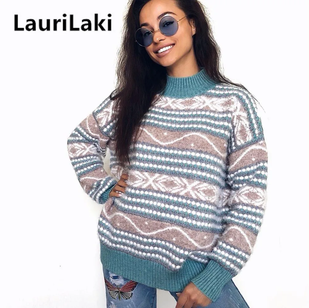 

Pullover Sweater Women Turtleneck Knitted Patchwork Pull Femme Sweater Maxi Plus Size Winter Tops 2019 Sueter Mujer Pink Blue