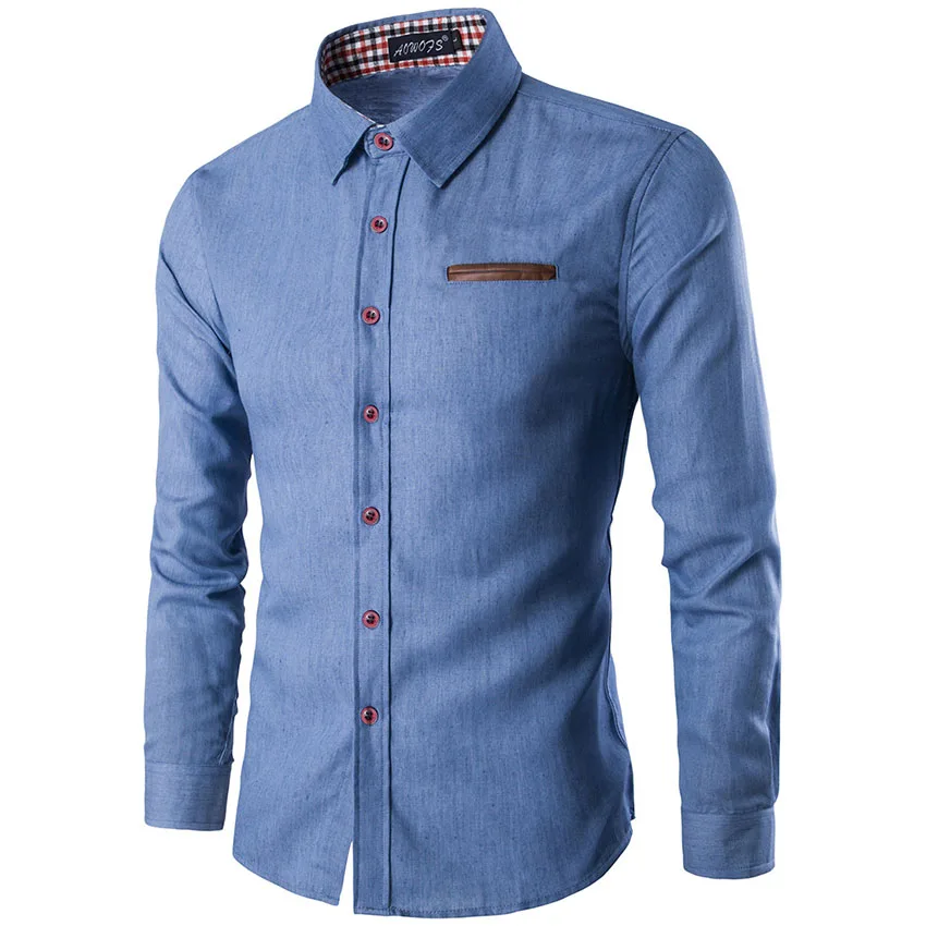 

MAGGIE'S WALKER Spring New Korean Men's Slim Solid Color Mature Business Casual Fight Leather Long-sleeved Denim Shirt