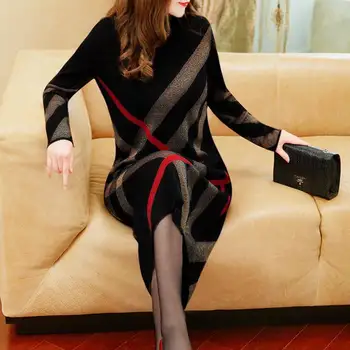 

New Autumn Winter Women Long Sleeve Striped Long Dress Jumper Dress Tops Loose Casual Sweater Dress
