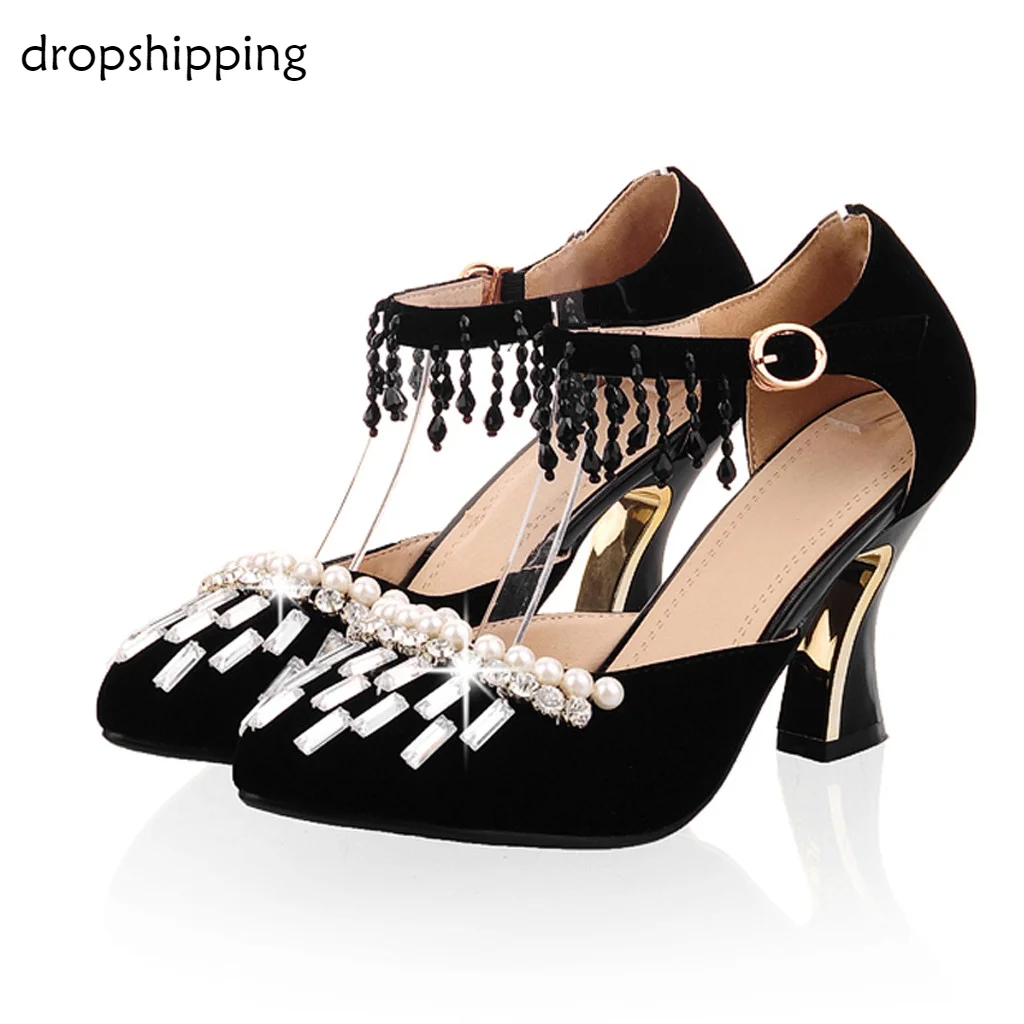 

Women's Retro Sandals Tassel High Heel Sexy shoes woman Shallow tassel straps Mouth Belt Buckle Shoes lady Sandals plus #THY