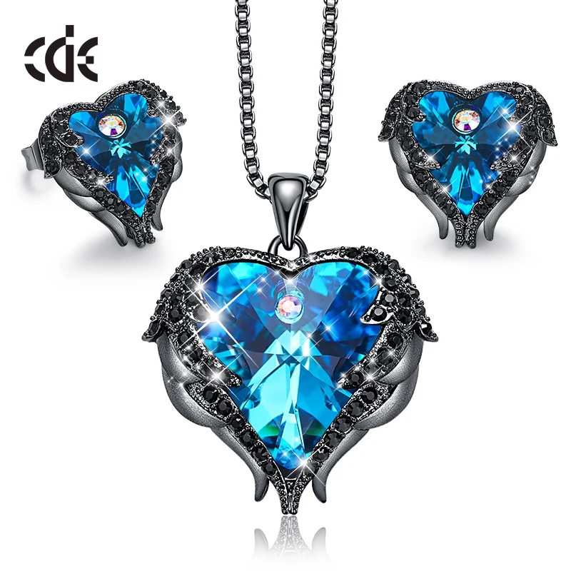 Blue P0902I E1752E CDE, женское ожерелье, серьги, ювелирный набор, украшенный кристаллами Swarovski, женское сердце, подвеска, шпилька, модное ювелирное изделие, подарок - Цвет камня: Blue P0902I E1752E