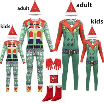 

Christmas Family green zentai Costume Christmas elf Festival Santa for kids&adult New Year chilren clothing Fancy Xmas Party set