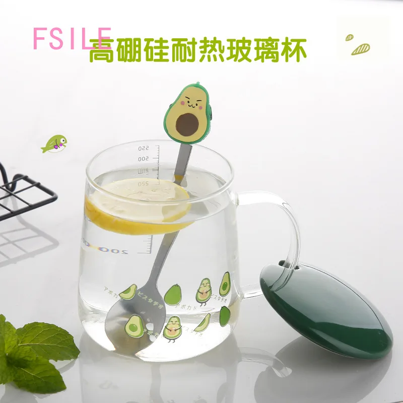 

Fashion Japanese Style Spoon Cup with Lid Creative Personality Avocado Cartoon Pattern High Borosilicate Glass Mug Lemon Cup