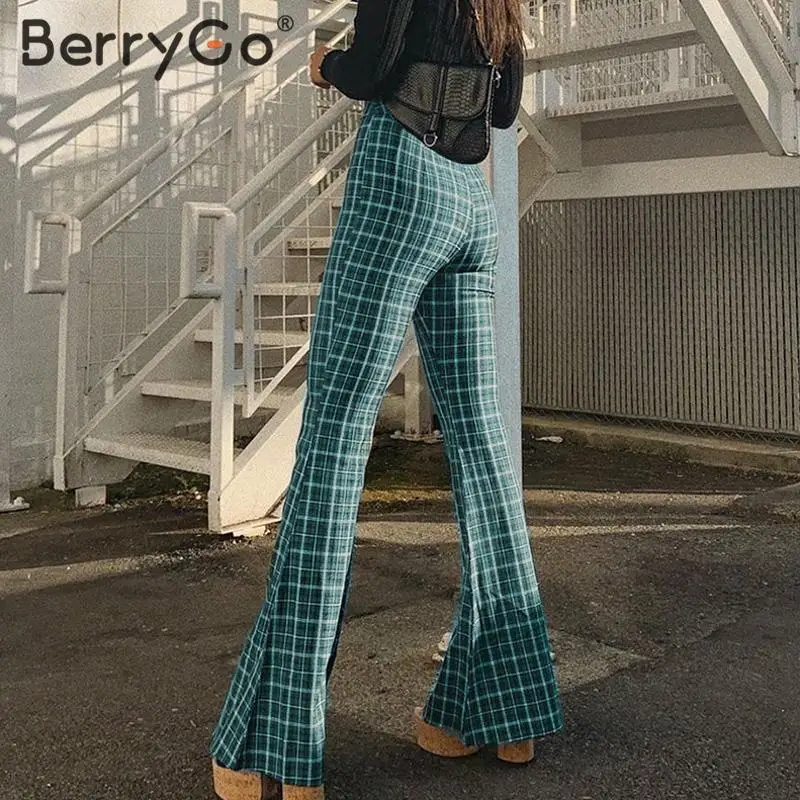 BerryGo, винтажные клетчатые расклешенные брюки для женщин, Осень-зима, уличная одежда, женские брюки,, высокая талия, молния, тонкие женские брюки