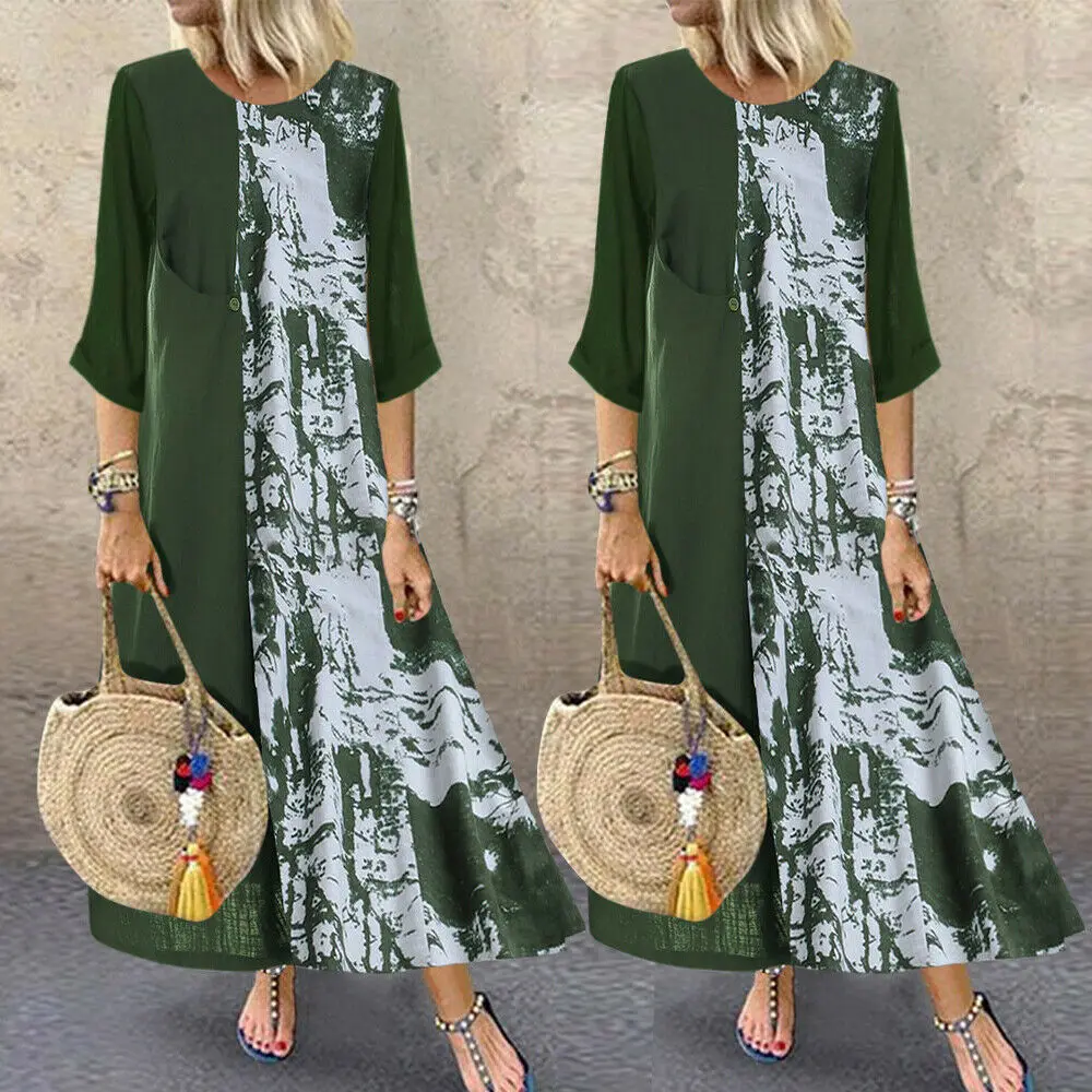 Женские летние Boho с рукавом три четверти, повседневные модные длинные макси платья с круглым вырезом, свободное пляжное платье с принтом, сарафан