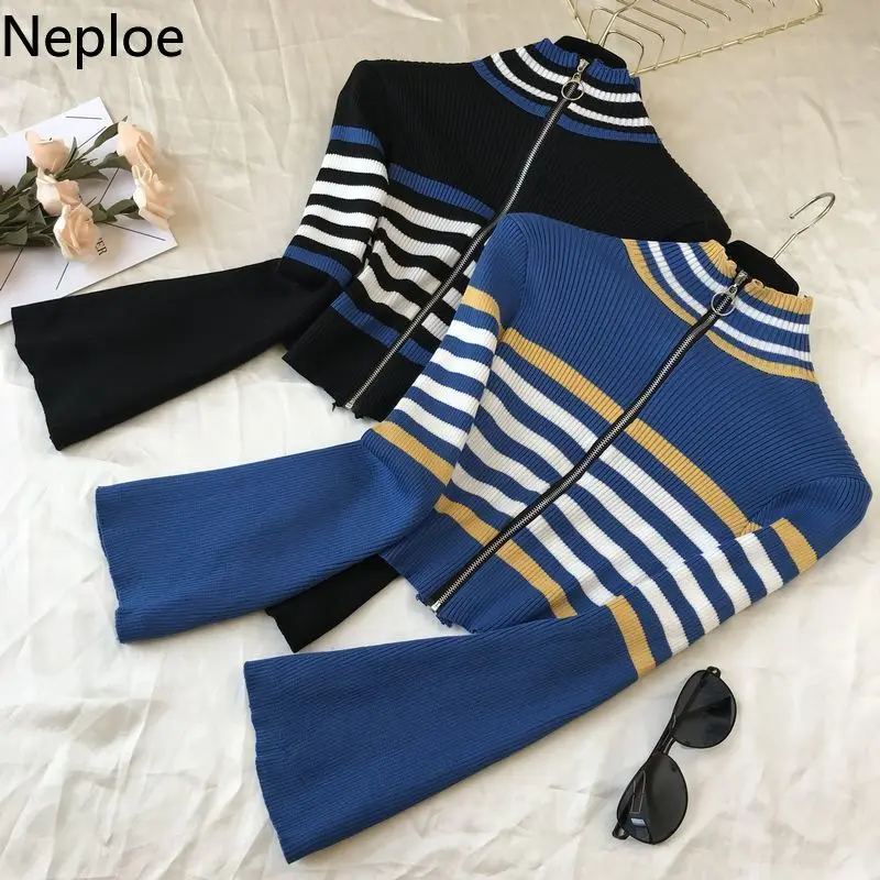 

Neploe Turtleneck Vintage Knit Skinny Sweater Women Flare Sleeve Striped Short Student Cardigans Autumn Winter Pull Femme 46448