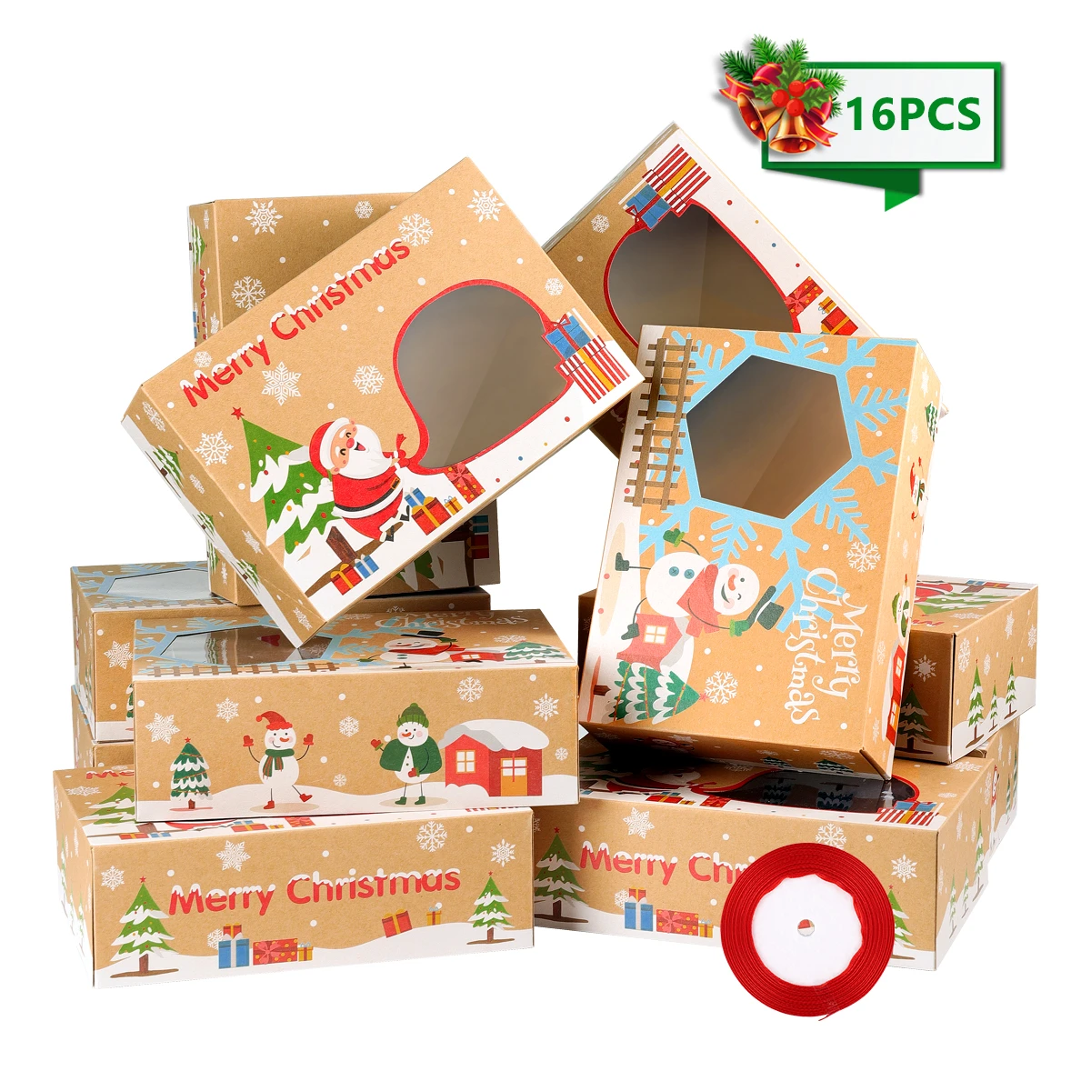 16pcs Christmas Cookie Boxes High Kraft Paper Boxes With 1 Roll 22m Ribbons Gift Candies Boxes For Christmas Party Holidays Gift Bags Wrapping Supplies Aliexpress