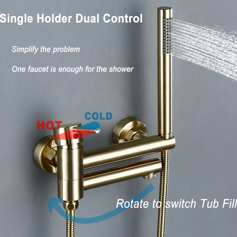 BagnoLux Single Holder Dual Control Wall Mounted Brushed Gold Black Brass Hot and cold Bathroom Bathtub Faucet Tub Shower Set