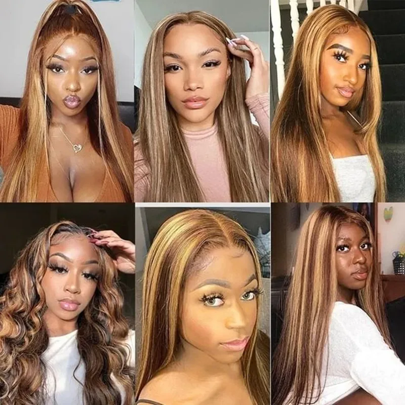 Straight Highlight Wig 13x1 Lace Part Human Hair Ombre Brown Honey Blonde Brazilian Remy Short Long Wigs For Women Pre Plucked