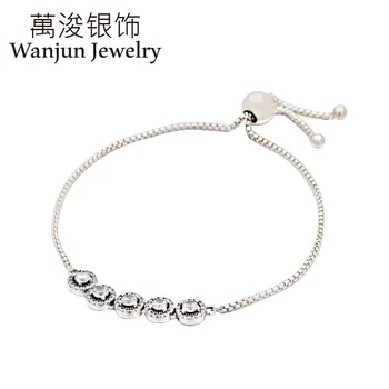 

Wanjun Jewelry 100%925 Sterling Circle Zircon Slidable Sliding Bracelet String To GIRL'S Simple Gift