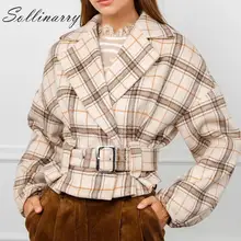Sollinarry, модные клетчатые пальто, куртки, Осень-зима, женская уличная одежда, высокая талия, ремень, короткие куртки, женские пальто с латернским рукавом