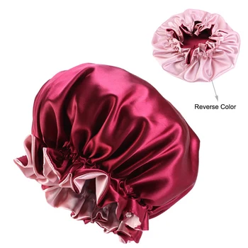 

Women Shower Cap Hair Bonnet Solid Satin Reusable Double Layer Bathing Protective Salon Extra Large Elastic Band Home Hotel Spa