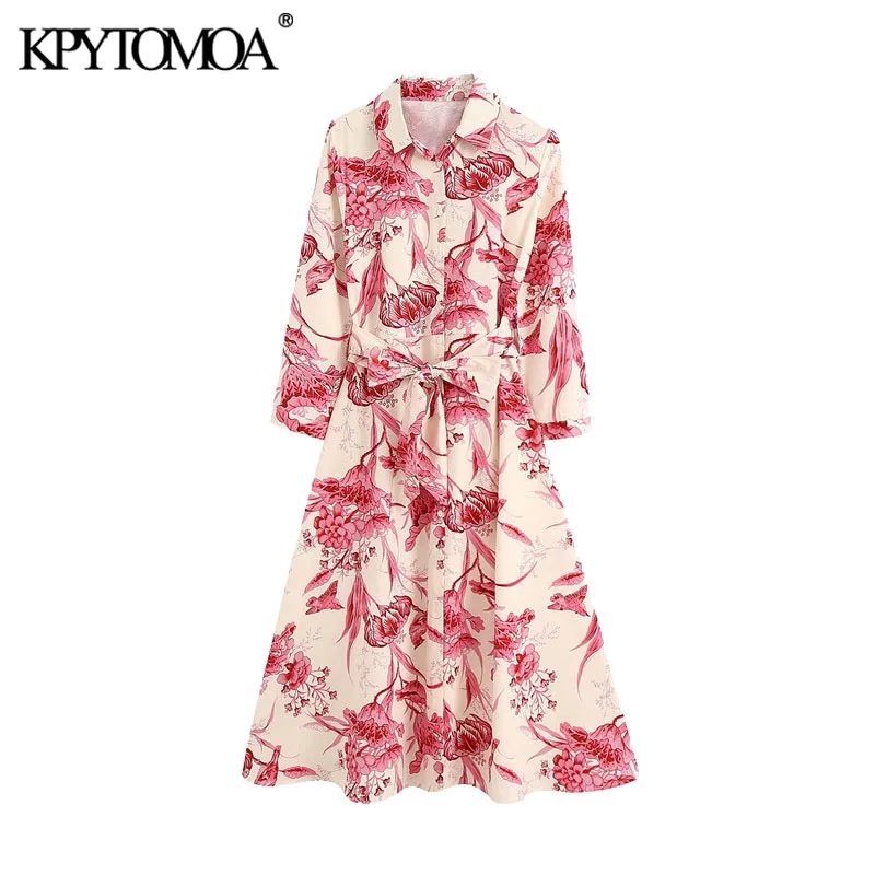 KPYTOMOA Women 2020 Fashion With Belt Floral Print Midi Shirt Dress Vintage Three Quarter Sleeve Button-up Female Dresses Mujer KPYTOMOA Women 2020 Fashion With Belt Floral Print Midi Shirt Dress Vintage Three Quarter Sleeve Button-up Female Dresses Mujer