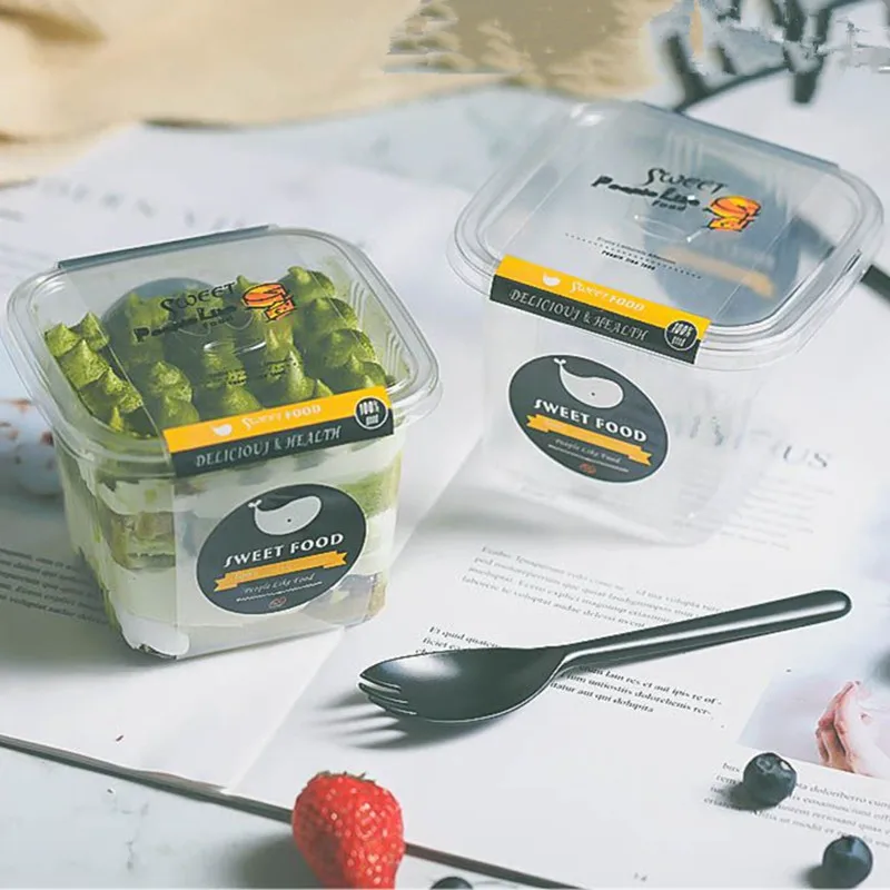 50pcs High quality 300ml square cream cake cup fruit vegetables salad plastic cups baking package pudding yogurt dessert cup - Цвет: cup lid sleeve