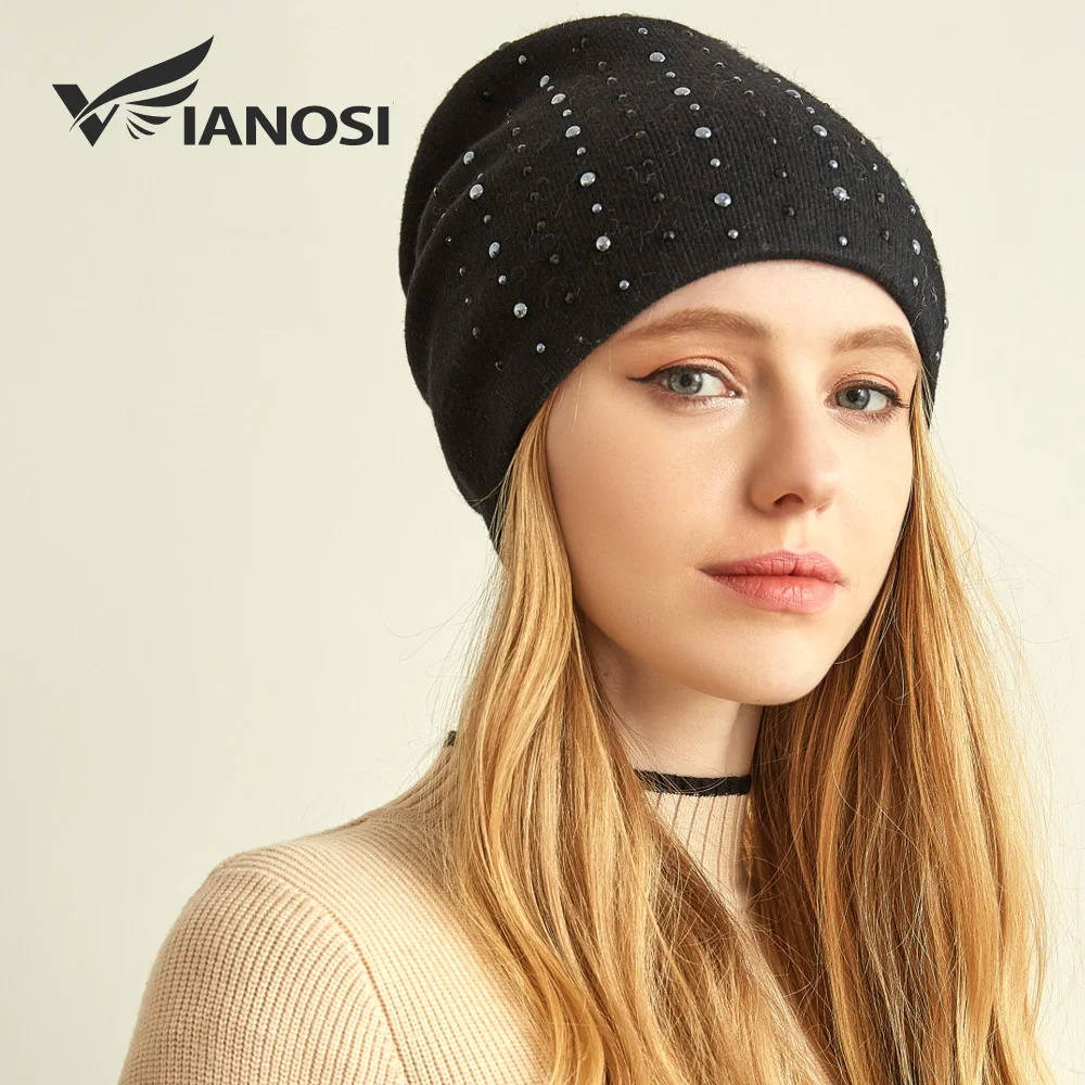 VIANOSI зимние шерстяные шапки для женщин вязаная брендовая теплая шапка толстые эластичные вязаные шапки для женщин