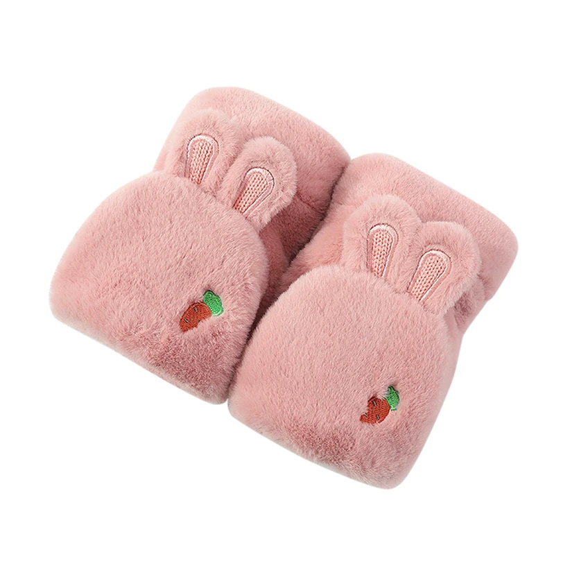 4 вида цветов мягкие плюшевые перчатки с милым кроликом для женщин и девочек-подростков зимние теплые рукавицы без пальцев женские кашемировые флисовые перчатки Guantes Luvas 910 - Цвет: PK