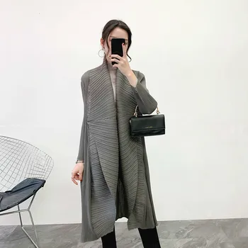 

Korea Solid Color Mid-length Pleated Cardigan Women 2020 New Spring Casual Slim Was Thin Loose Big Size Windbreaker PC889
