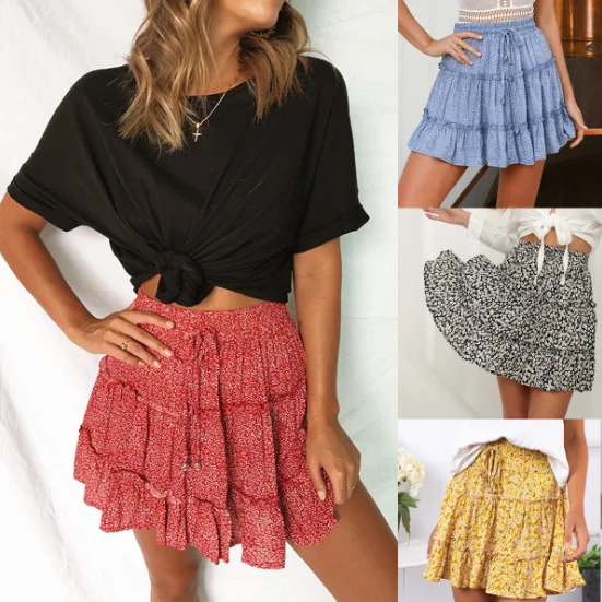 

Women Skirts Floral Print Boho Sexy Mini Bandage Fashion Casual 2020 High Waist Frills Plus Size Pleated Female Short Skirts