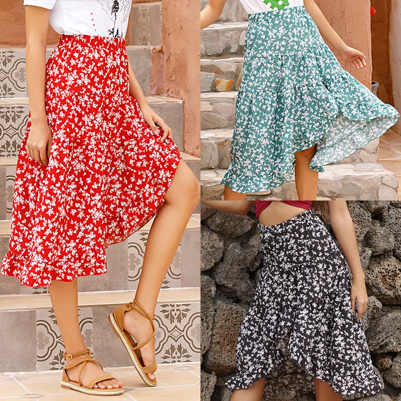

Summer Boho Floral Print Long Skirts Women Plus Size Elastic High Waist Elegant Beach Holiday Ruffles Chiffon Midi Skirt Female