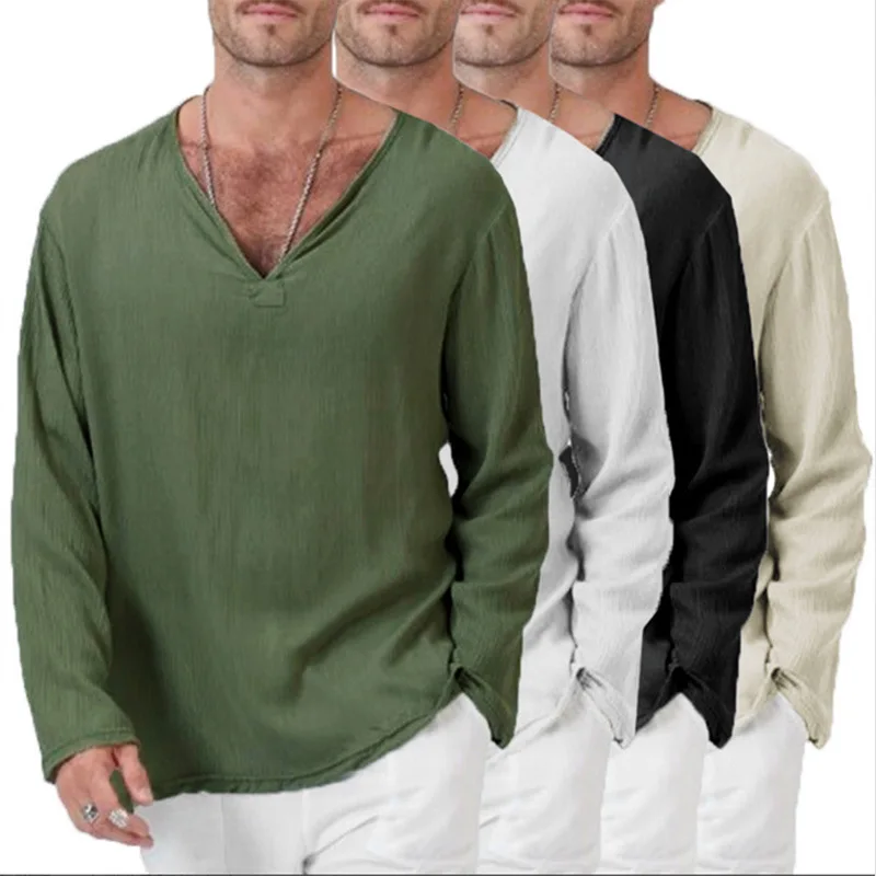 

Summer Linen Casual T-shirt Ethnic Style Loose Men's V-neck Solid Color Long-sleeved T-shirt