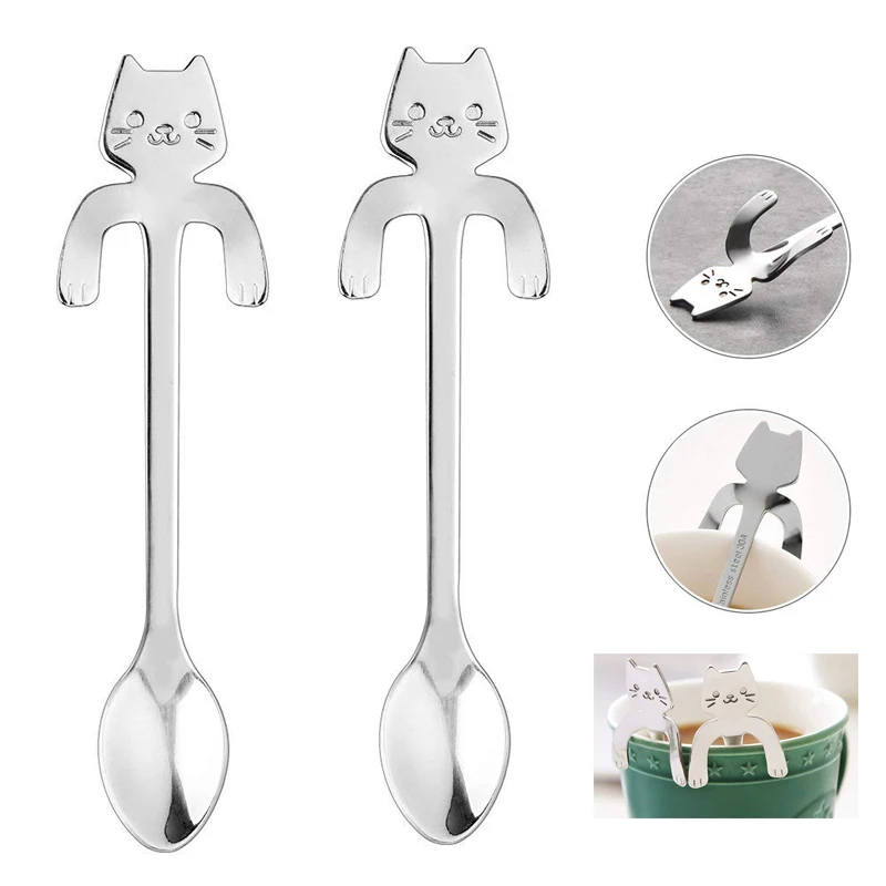

2Pcs Stainless Steel Spoon Creative Cute Mini Cat Coffee Stirring Spoons Gold Plated Teaspoon Christmas Gift Kitchen Accessories