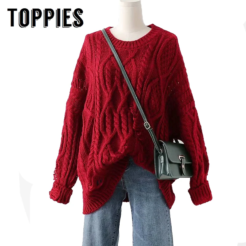 

Vintage Braided Knitted Burgundy Sweater Ripped Hole Hollow Out Oversize Sweater Round Neck Pulllover 2019 Autumn Winter Clothes