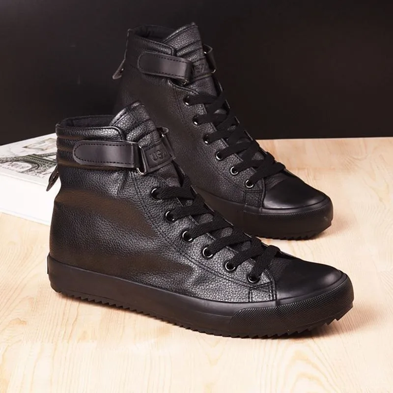Black White High Top Sneakers Men Ankle Boots Comfort Leather Shoes Men Casual Trainers Elevator Shoes for Men Flats 3cm 8cm