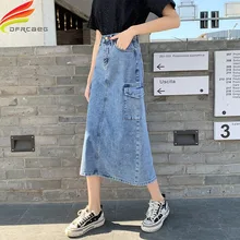 Весенне-летняя женская юбка, длинная джинсовая юбка с двойными карманами и разрезом сзади, женская уличная одежда в Корейском стиле, женские джинсовые юбки