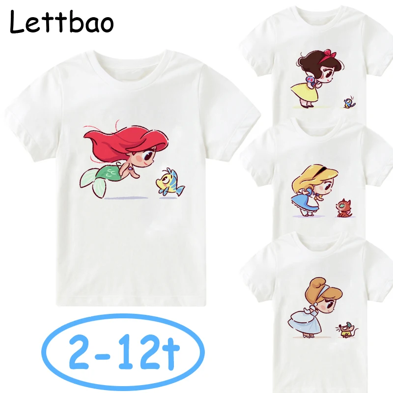 

2 To 12 Kawaii Mermaid and Elf Best Friend Print Cartoon Girls Tops Summer Children's Clothes Snow White Alice Princess T-shirt