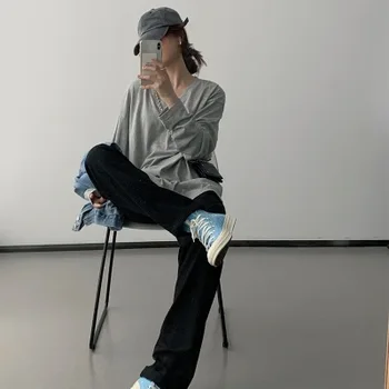 

Women Autumn Solid T Shirt Casual V-neck Long Sleeve Irregular hem Korean Pullovers Top Loose T-shirt Poleras Mujer De Moda