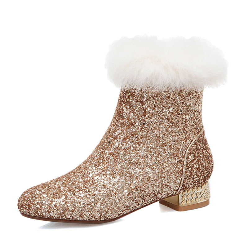 Tanie ENMAYER kwadratowy obcas solidne Bling cekinami tkaniny botki dla kobiet platformy z okrągłym czubkiem buty wybiegu klub nocny buty srebrne