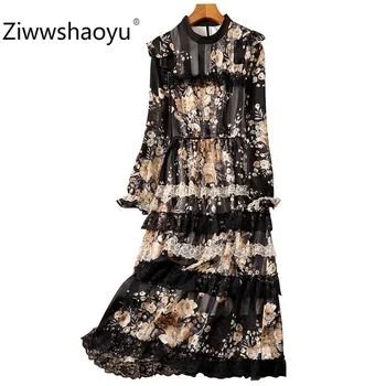 

Ziwwshaoyu 2020 New Spring Summer Vintage Flower Print Lace Tiered Ruffles Cake Long Sleeve Midi Dresses Women's Clothing