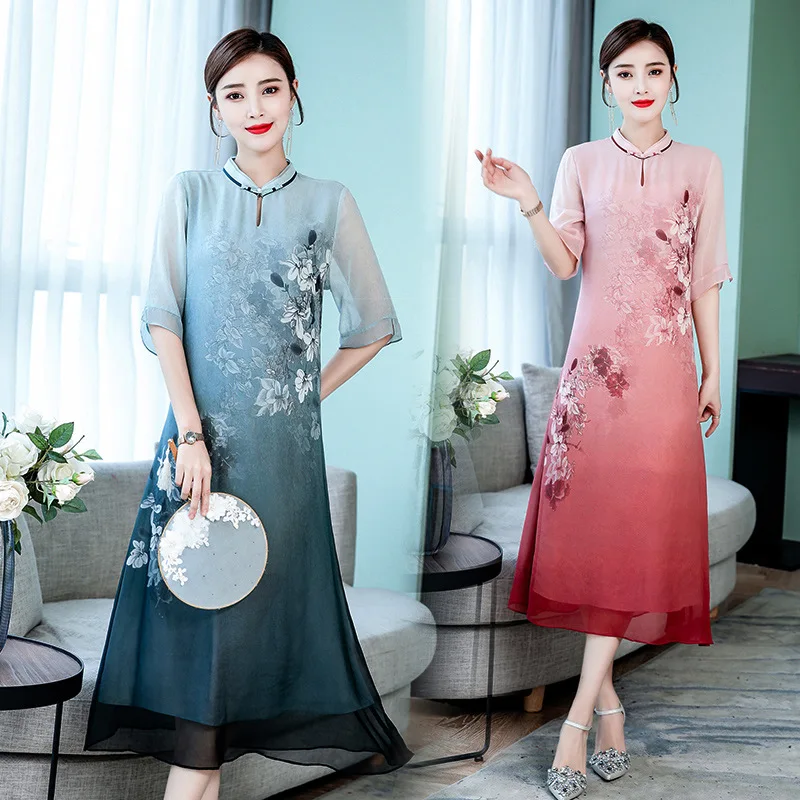 

High-End Silk Dress Hangzhou Mulberry Silk Improved Cheongsam Women's 2019 Spring And Summer New Style Loose-Fit Mom