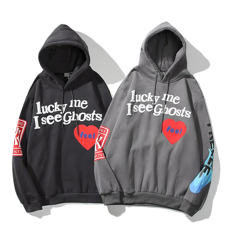Kanye West sudaderas con capucha de los hombres letra de grafiti imprimir suerte mujeres sudadera vellón Harajuku calle Hip Hop hueso con capucha